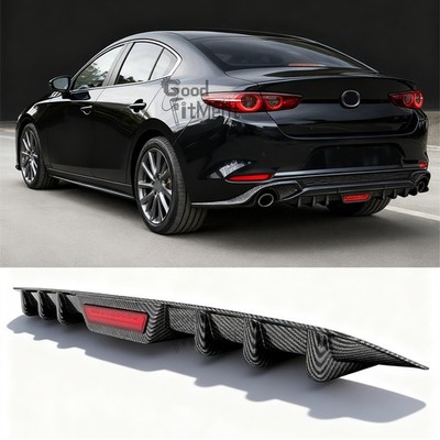Carbon Fiber Car Rear Bumper Diffuser w/LED Stop Brake Light For MAZDA 3 6 Sedan