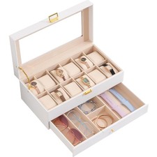 Schlichte Uhrenbox mit 12 Fächern und Stilvollem Glasdeckel – Weiß, 34x19cm