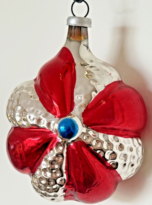 Red & Silver w/Blue Center Vintage Mercury Glass Flower or Candy Ornament 2.25"