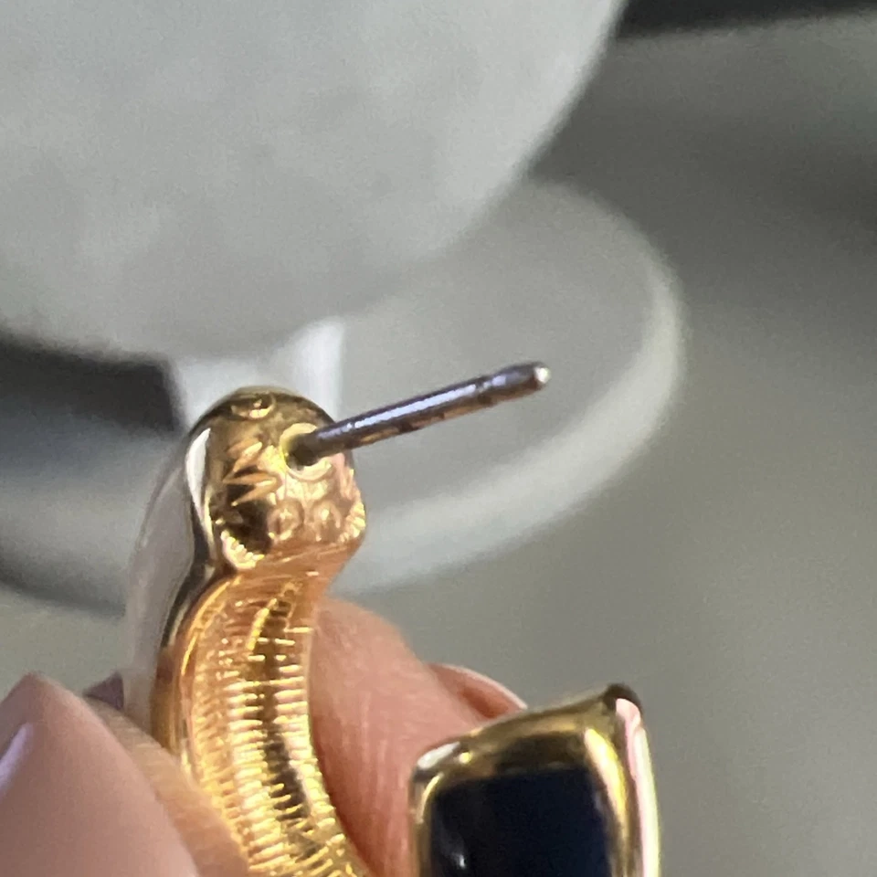 Vintage Monet Enamel Earrings Blue Cream Hoops Gold Tone Accents Post Earrings - Image 3 of 4