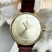 Skagen SKW2147 Anita Gold Tone Crystal Marker Watch Brown Leather Band 30mm
