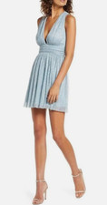 Lulus Ailey Women’s Silver Blue Metallic Stripe Twist Back Skater Dress SZ L NWT