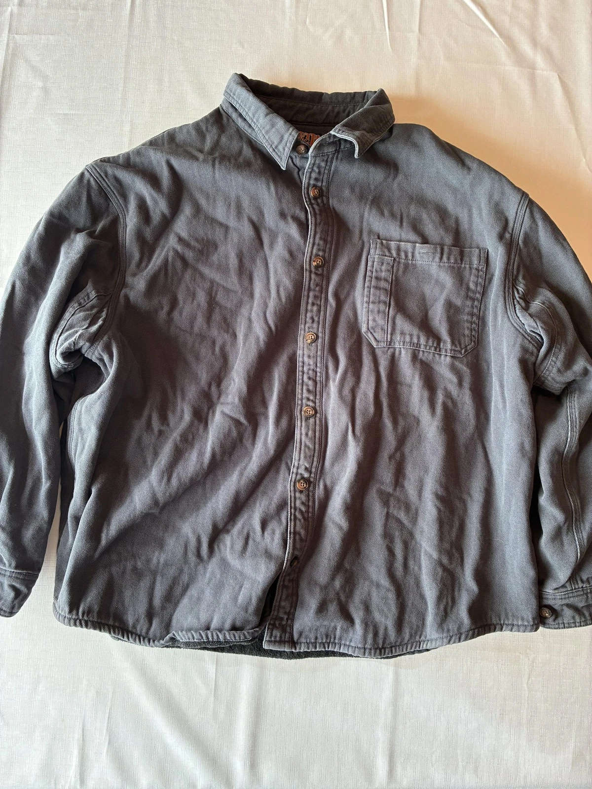 Duluth Trading Co Jacket Mens 2XL Gray Canvas Fleece Lined Button Front Bomber