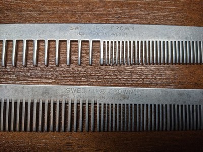 Swedish Crown Handmade In Sweden Metal Comb Lot Of 2 Vintage Hair Care Patina