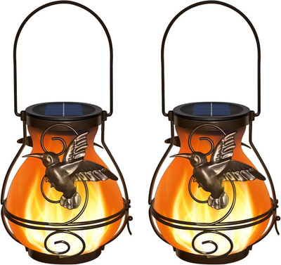 2 Pack Solar Lanterns Outdoor Waterproof , Metal Hummingbird Flickering Flame So