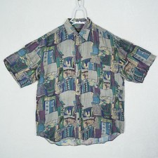 Original Label Novin Mens Medium 100 Silk Abstract Geometric Short Sleeve Shirt