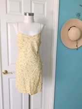 Nwt ASOS Yellow Floral linen Blend(11%) Dress With Slit Scoop Back Sz 6 Babydoll