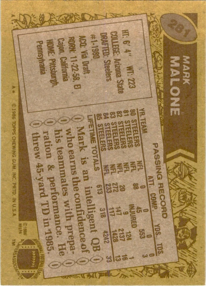 1986 TOPPS. MARK MALONE* PITTSBURGH STEELERS #281 - Image 2 of 2