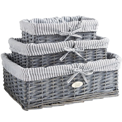 VonHaus Set of 3 Wicker Storage Baskets with Removable Stripe Fabric Lining
