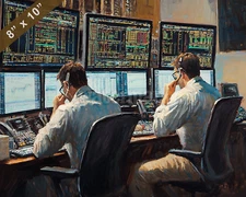Day traders working on multiple screens oil painting 8x10 Print