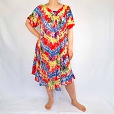 Red Tie Dye Dress Half Sleeve Festival Loose Plus Size Rainbow Boho Beach