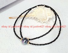 Faceted 3mm Bright Black Spinel Gemstone Black Shell Pearl Necklace 18''