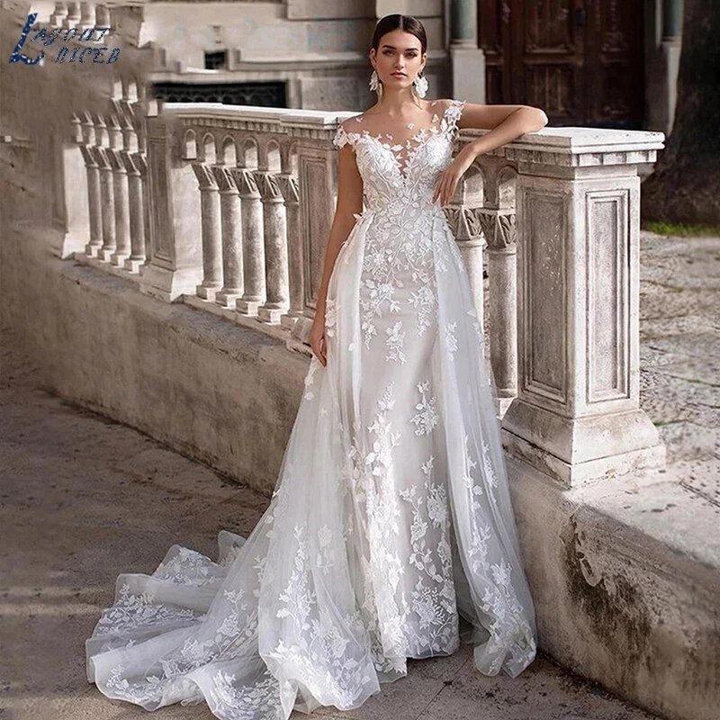 Stunning Mermaid Long Wedding Dress with Cap Sleeves and Lace Appliques main image 1
