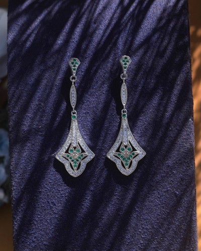 Boucles D'oreilles Clip (non Percées) - Style Art Déco Floral Avec CZ Vert - Neuf