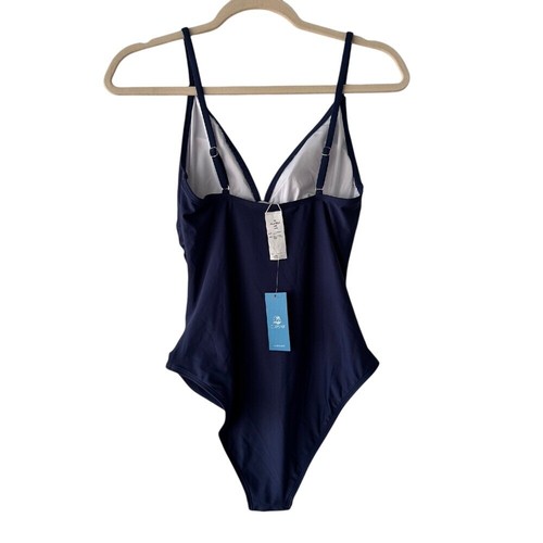 CUPSHE Navy One Piece Swimsuit Ruched Tummy Control V Neck Bathing Suit - Picture 2 of 6