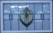 OLD ENGLISH LEADED STAINED GLASS WINDOW TRANSOM HEART CREST 35 1/4" x 21 3/4"