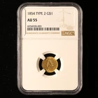 1854 US GOLD DOLLAR TYPE 2 AU55 INDIAN PRINCESS NEAR ALMOST UNCIRCULATED NGC AU