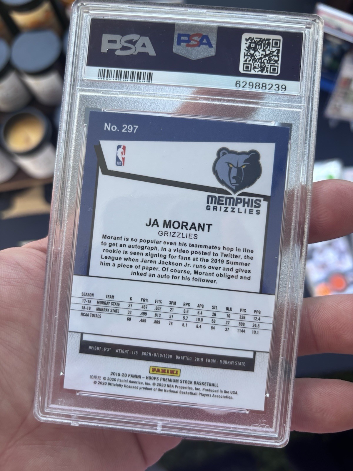 PSA 10 2019 NBA Hoops Premium Stock - Hoops Tribute Ja Morant Green Prizm RC B2 view 2