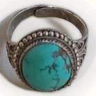 Vtg Silver Turquoise Womens Size 8 Signed Ajustable Mid Eas Ring w/Veining 4.2GR