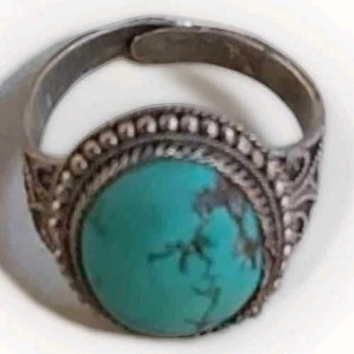 Vtg Silver Turquoise Womens Size 8 Signed Ajustable Mid Eas Ring w/Veining 4.2GR