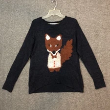 Jolt Knit Sweater Women M Cozy Blue/Black Ribbed L/Sleeve Fox In Pink Sweater