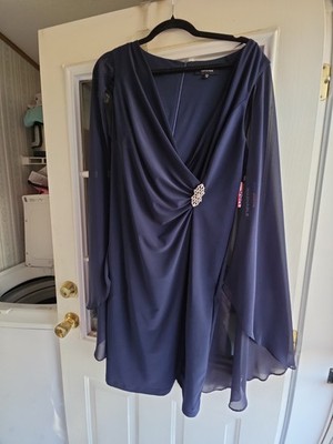 R & M Richards Purple Chiffon Sheath Dress Size 16 Draped Cape Sleeve V-Neck