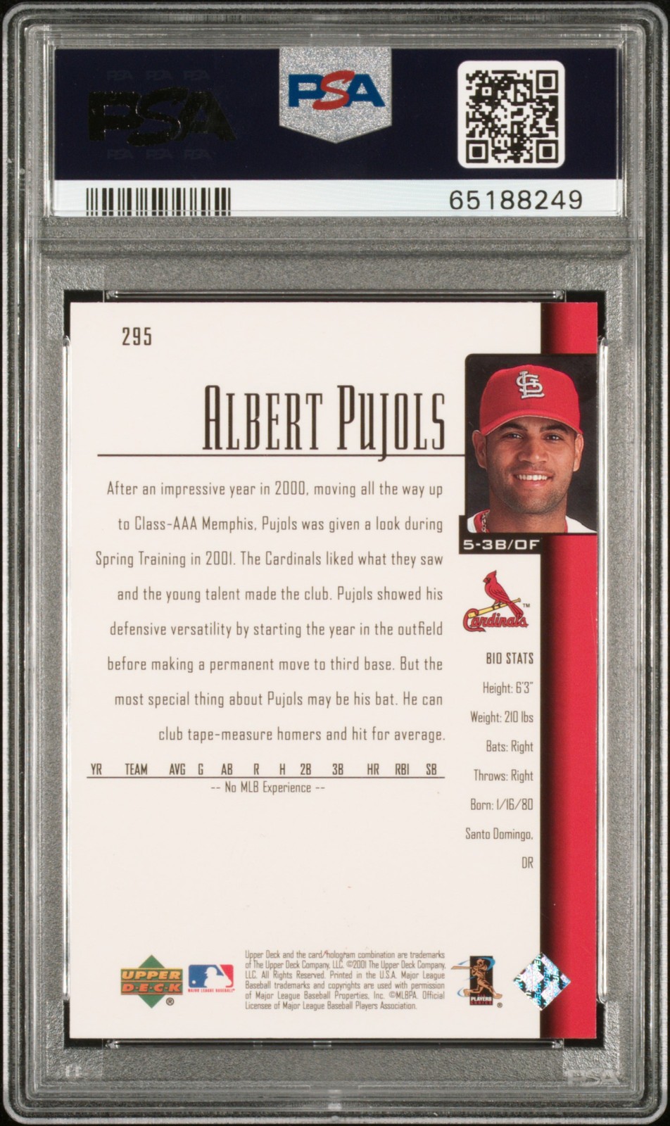 2001 Upper Deck Albert Pujols #295 PSA 9 St Louis Cardinals Future HOF view 2