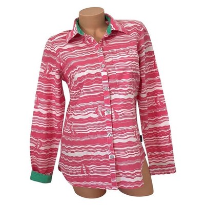 Columbia PFG Women's Small Pink Sailboat Wave Print Linen Button Down Shirt