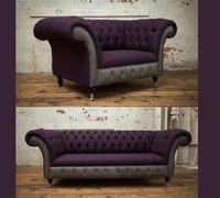 Edle Designer Chesterfield Knopf Garnitur Textil Polster Sitz Leder 3+1 Sitzer