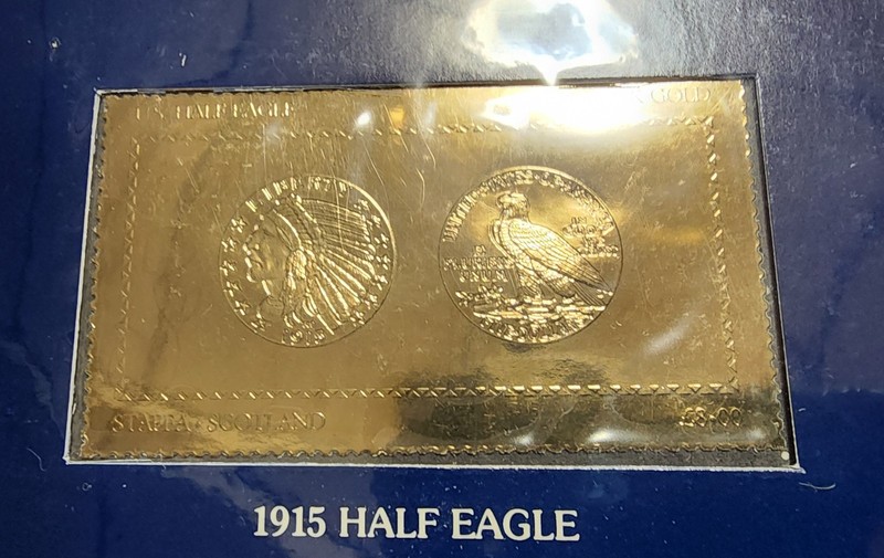 BOOK OF AMERICAN GOLDEN EAGLES 18 STAMP'S in 22k GOLD, EARLY AMERICAN COINS COM.