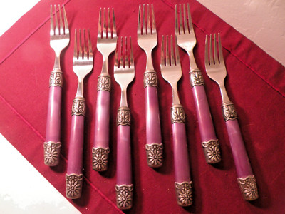 8 Salad Forks Hampton Silversmith SIZZLE Laurie Gates Purple Pearl Handle 7 5/8''
