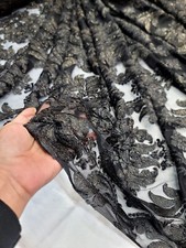 Embroidered Stretch Lace Apparel Fabric Sheer Black Floral Gold Accent - 52" Wid