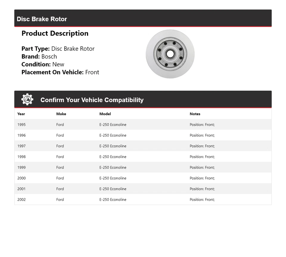 Rotor de freno de disco delantero 1996 para Ford E-250 Econoline Bosch QuietCast 1995-2002 Foto 2 de 4