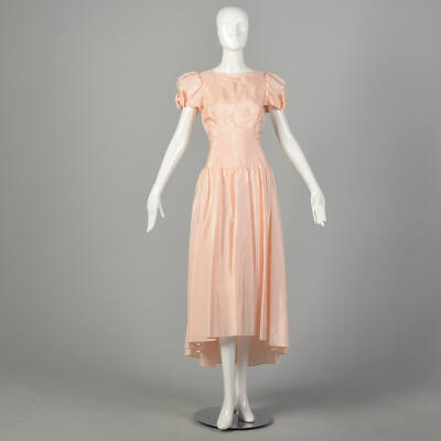 Small 1980s Alfred Angelo Dress Pink Bow Drop Waist Prom Dress VTG