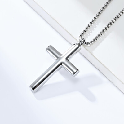 Men Women Silver Cross Necklace Stainless Steel Simple Plain