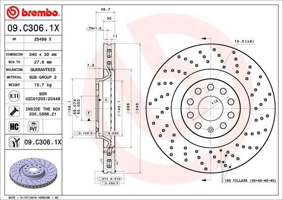 2X Brembo Bremsscheibe 09.C306.1X FüR Audi Chrysler Cupra Seat Skoda VW-image