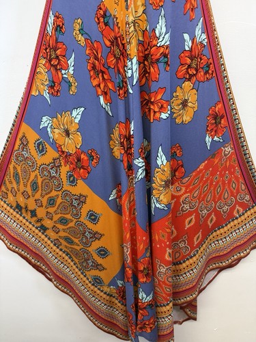 Monsoon Dress Orange Blue Floral Stretchy Strappy Bead V Neck Hankie Hem UK 8/10 - Picture 3 of 18