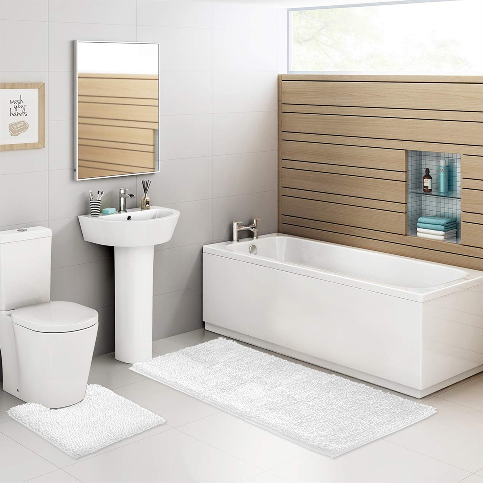 3pc Non-Slip Shaggy Chenille Bathroom Mat Set, Includes 24 x 21 Inches U-Shap...