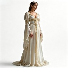 Ivory Medieval Renaissance Gowns Lace Applique Flare Sleeve Cosplay Maxi Dresses