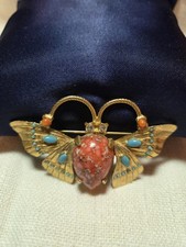 RARE! Jeanne Butterfly Brooch/Pin Coral Jasper Chalcedony/Howlite Cabochen VTG