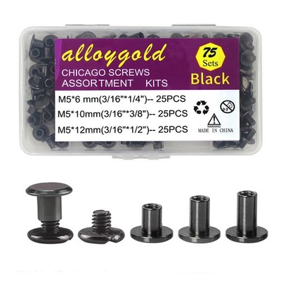 75 Sets Black Chicago Screws 1/4 3/8 1/2 Leather Assorted Kit ，3 Sizes of Scr...