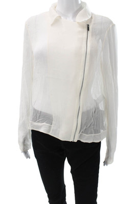 Elizabeth & James Women Basic Silk Collared Zip Blouse White Long Sleeve Size L