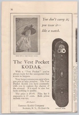 1920 The Vest Pocket Kodak Price $9.49 8 Exposure Film 25¢ ANTIQUE PRINT AD AB20