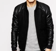 Men's Bomber Jacket Biker Style Wool with Lambskin Leather Sleeves Coat 