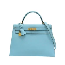 HERMES Kelly 32 Sellier Shoulder Handbag Epsom Leather Bleu Atoll T Stamp Gold