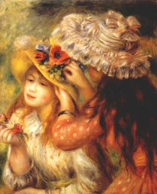 oil painting 100% handpainted on canvas '' Girls putting flowers on their hats''