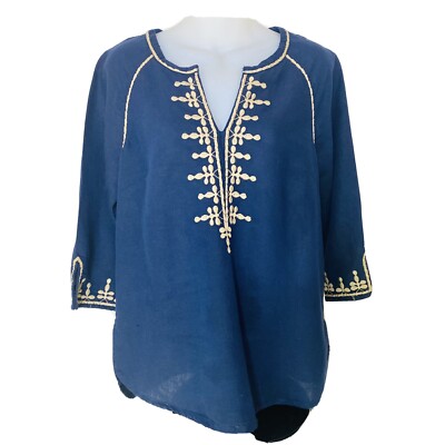 Monsoon Linen Blend Top Women's 6 Embroidery V-Neck 3/4 Slit Sleeves Cotton