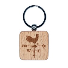 Rooster Chicken Weathervane Engraved Wood Square Keychain Tag Charm