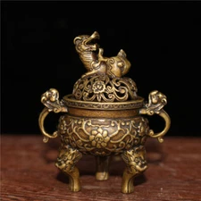 2.56" Collection Rare Chinese Bronze copper Handmade Lion Incense burner censer