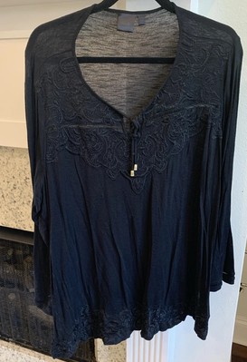 Rafaella 3/4 Tab Sleeve Embroidered Knit Top Black Tie Neck Bohemian Women s XXL